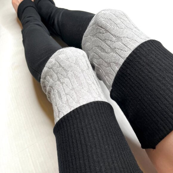 Patchwork Leg Warmers Gray Black Warm Thigh Highs Slouch Socks Fleece Knee Socks - Picture 10 of 11